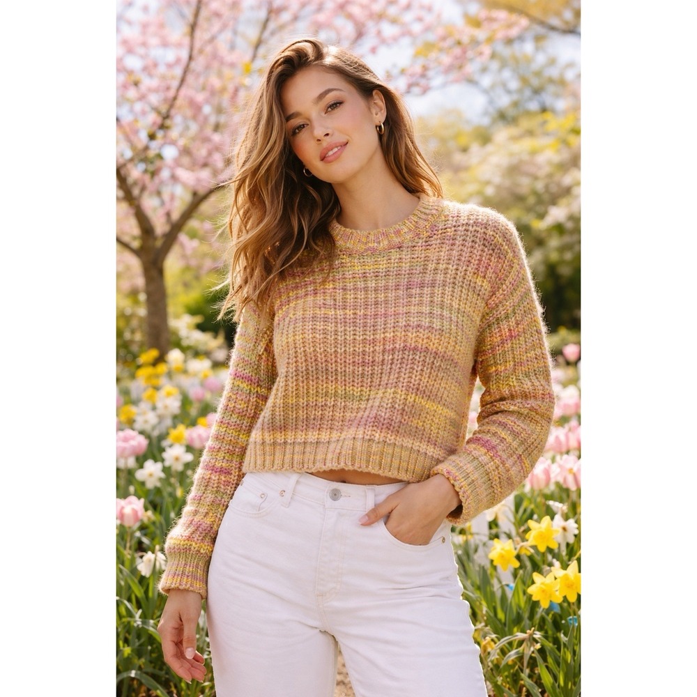 NWT Anthropologie Cropped Sweater Womens XXS Chunky Knit Cozy Pink Green Spring